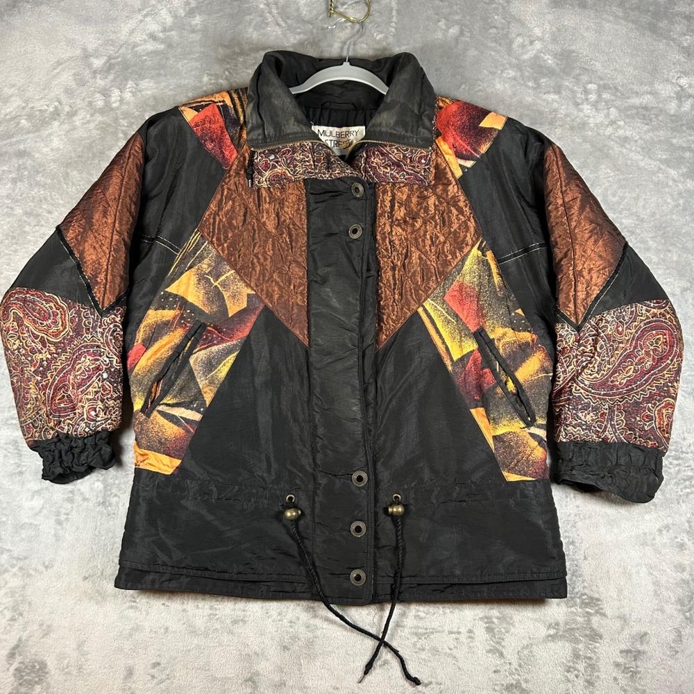 Vintage Mulberry Street Quilted Paisley Bomber Jacket Bronze Black Abstract S